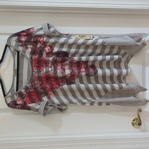 ONE WORLD Gray Striped Top with Red Floral Accents